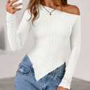 Zenlonr Womens Long Sleeve Shirts Fall Outfits 2025 Off The Shoulder Tops Asymmetrical Fitted Knit T Shirts Going Out Tops (Small)