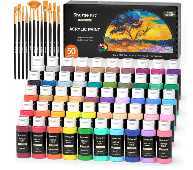 50 Color Acrylic Paint Set, 2oz Bottles, Rich Pigmented Canvas Paint with 10 Brushes &Palette, Professional Art Supplies Kit for Adults & Kids, Non-Toxic, Suitable for Canvas, Rocks, Wood