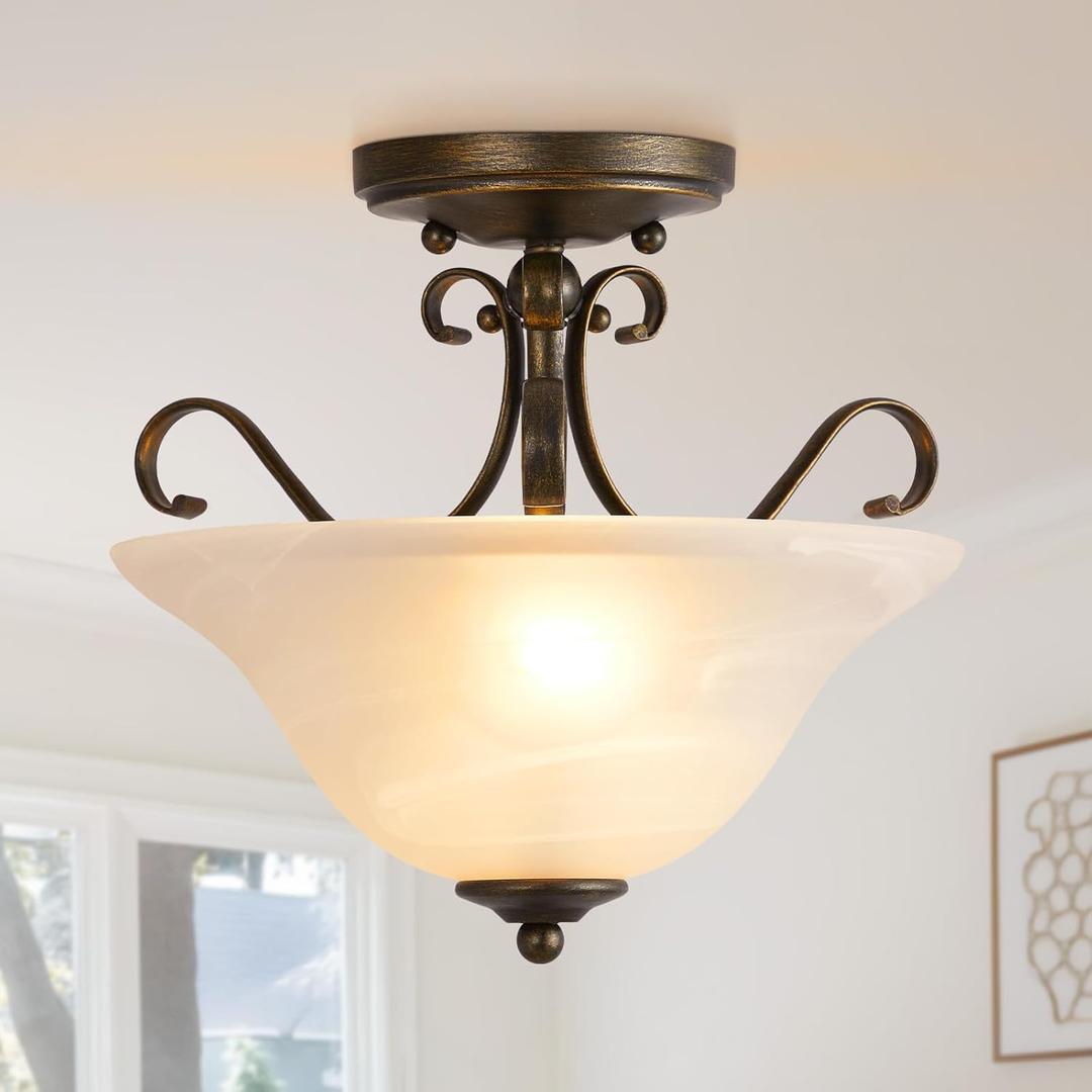 Luvkczc Upgrade Semi Flush Mount Ceiling Light,Brass Ceiling Light Fixture, Mid Century Ceiling Light, Glass Close to Ceiling Light for Bedroom Kitchen Porch Hallway, Bulbs Not Included