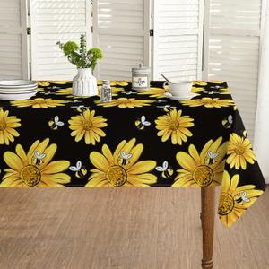 Horaldaily Summer Tablecloth 6084 Inch Rectangular, Yellow Sunflower Bumble Bee Black Fall Washable Table Cover for Party Picnic Dinner Decor