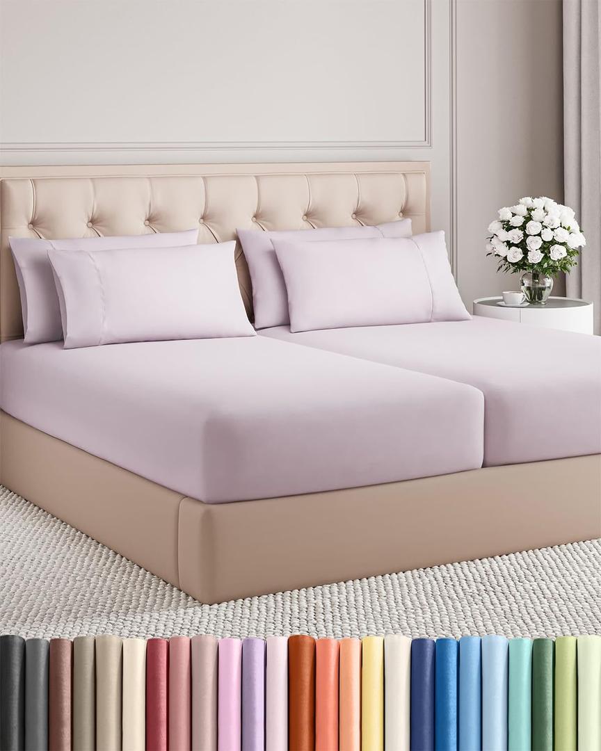 Split King 7 Piece Sheet Set - Comfy Breathable & Cooling - Soft Hotel Luxury Bedding Set w/ 8-16 Inch Deep Pockets - 1 Flat & 2 Fitted Sheet & 4 Pillowcases - Cozy and Wrinkle Free - Light Lavender
