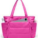 Tote Bag for Women with Zipper, Quilted Puffer Tote Bag with Compartments, Lightweight Puffy Work Bags for Women Travel (Raspberry Pink, 16''L x 6''W x 12''H)