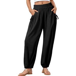 Dokotoo Women Linen Wide Leg Pants Casual Elastic Waist Lounge Palazzo Harem Pants with Pockets M