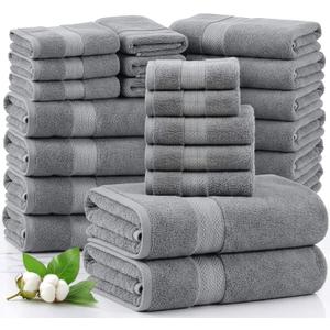 LANE LINEN Luxury 24 PCs Bath Towels Set - 100% Ring Spun Cotton Towels for Bathroom - Quick Dry, Soft & Absorbent, Perfect for Kids, Guest & Everyday Use - Oeko Tex Certified -Space Grey