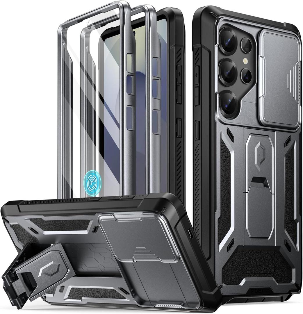 Poetic Spartan Case for Galaxy S25 Ultra 6.9", [Slide Camera Cover] [Screen Protector Works with Fingerprint ID]Military Grade Rugged Shockproof S25 Ultra Phone Case with Kickstand, Metallic Metal