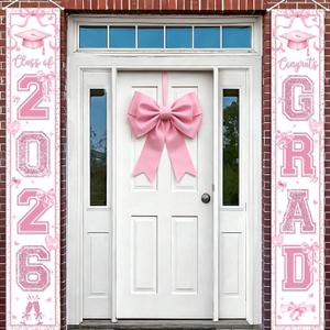 AIBIIN Pink Bow 2026 Graduation Porch Banner Coquette Class of 2026 Graduation Door Porch Signs Congrats Grad Hanging Banner for High School College Graduation Party, 71 x 12 inches