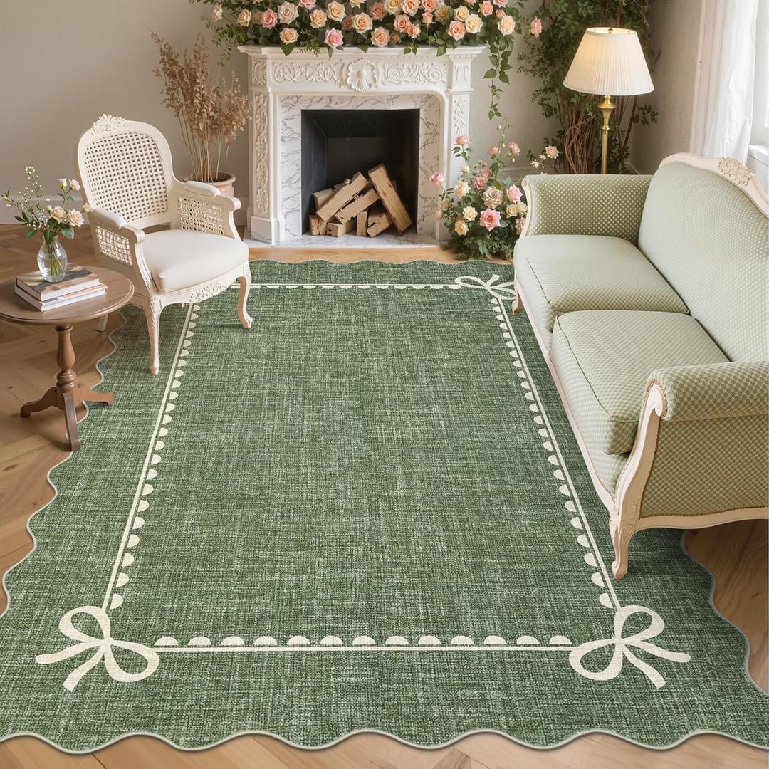 GarveeHome Scalloped Bow Rug for Living Room, Solid Green Rug for Dorm, Washable Rugs 8x10 Soft Low Pile Non Slip Scalloped Rugs for Nursery College Bedroom Decor Kids Room Playroom