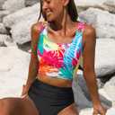 popvil High Waisted Bikini Sets for Women Modest Two Piece Tummy Control Swimsuit Floral Full Coverage Black Bathing Suit (Large)