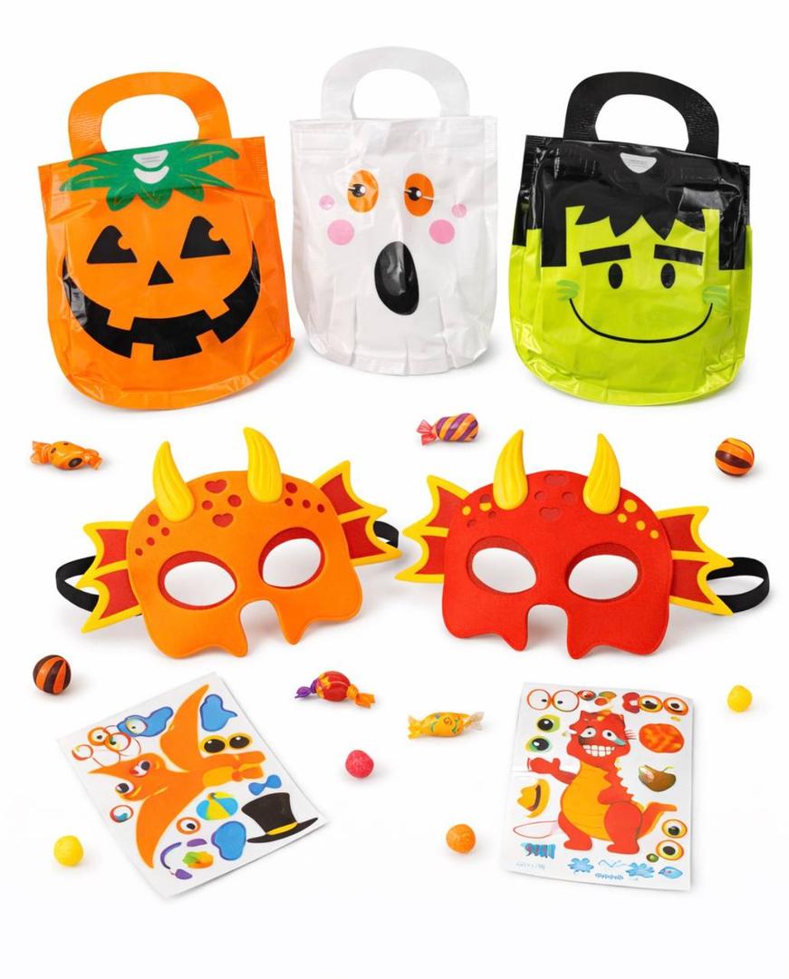 Halloween Themed Decorations and Bags 9 Pumpkin Bags, 12 Zombie Bags, 14 Ghost Bags, 2 Masks, Stickers