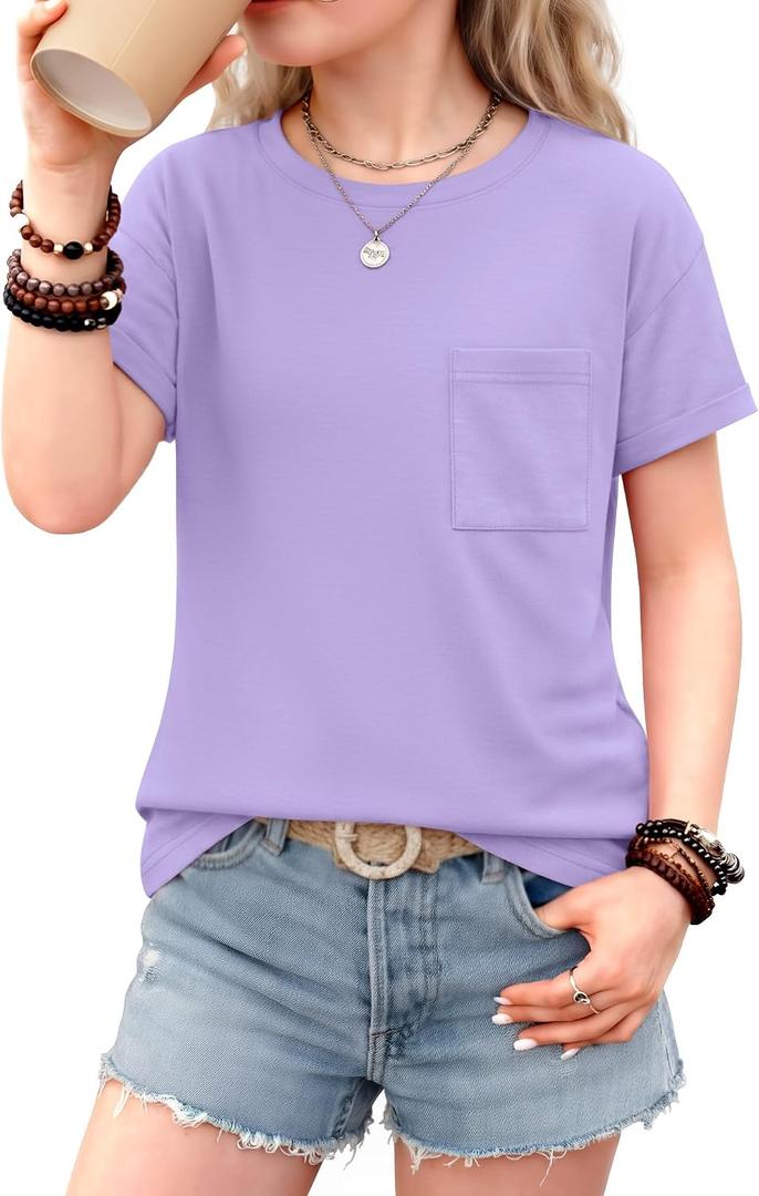 Girls Short Sleeve T Shirts Kids Summer Crew Neck Tops with Pocket Rolled Cuffs Loose Fit Casual Tees 5-14 Years
