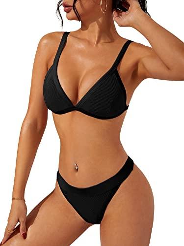 swimall Women's Triangle Bikini Set Sexy Brazilian Sporty Two Piece Swimsuit Cute Bathing Suit - Black - Black - X-Large