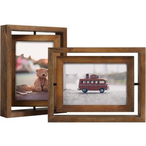 Egofine 2 Pack 4x6 Rotating Floating Picture Frames,Double-Sided Display with HD Glass Front Wooden Distressed Frame for Vertical or Horizontal Tabletop Display, Carbonization (Carbonized Brown)