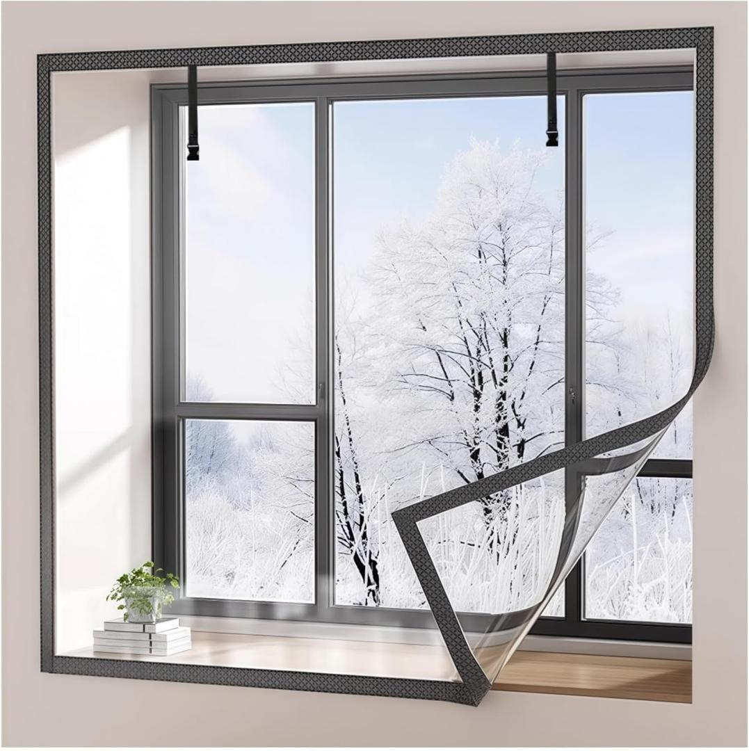 TECUUL Window Insulation Kit for Winter 63''X63'', Reusable Clear Window Film, Non-Cutting Thick Plastic wtih Velcro Tape and Tacks, Rollable Window Curtain