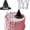 2 Pack Witch Hat and Crown Cake Topper, Mini Wizard Hats Crown Cupcake Decorations for Birthday Party Supplies(Classic Style)
