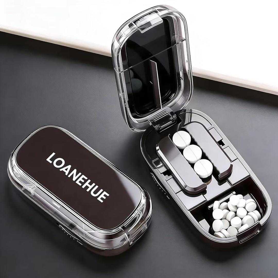 Precision Pill Cutter for Small and Tiny Pills, Sharp Blade with Storage Compartment, Travel-Friendly 1/2 Pill Splitter for Home/On-The-Go, Black