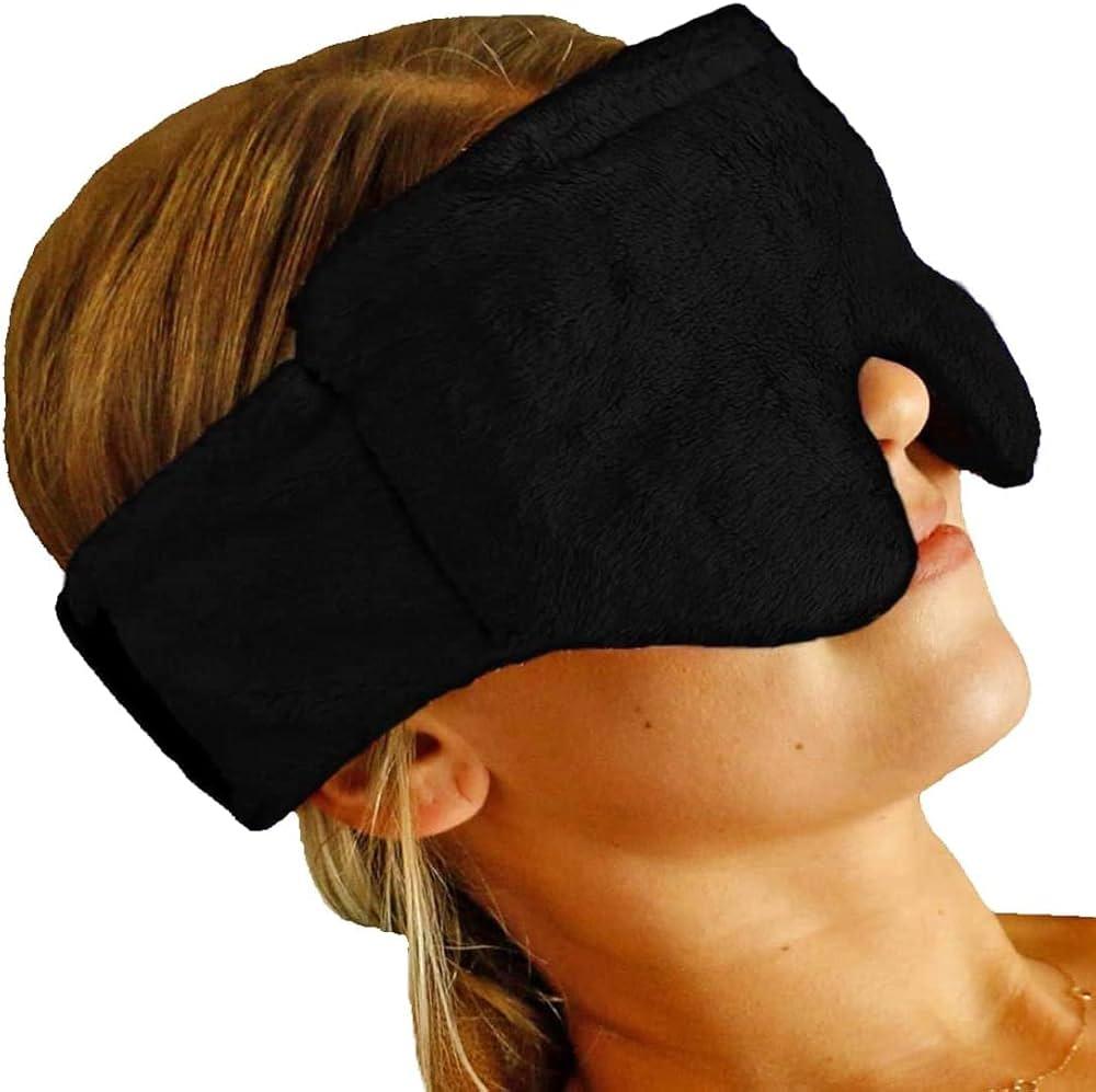 Huggaroo Microwavable Heated/Iced Eyes Sleep Mask. Perfect for Migraines, Headache, Stress, Dry Eyes, Sinus Pressure Relief and Relaxation- Black