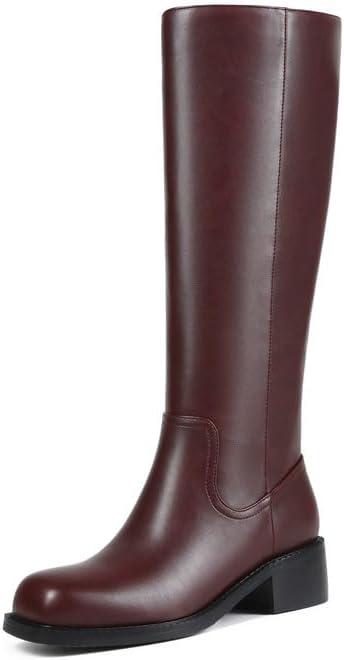ZJA Knee High Boots Square Toe Boots Low Heel Flat Long Boots for Women Dress Chunky Comfortable Tall Boots