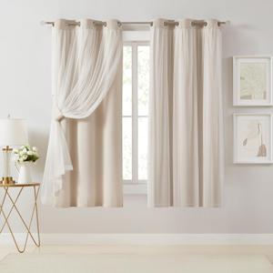 Bujasso Beige 80% Blackout Curtains with Sheer Overlay Mix and Match Double Layer Thermal Insulated Window Panels 63 inch for Living Room Bedroom Beige Drapes with Tiebacks Grommet Top 37" Wx63 Lx2