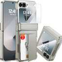 CENMASO for Samsung Galaxy Z Flip 6 Case/Z Flip 7 FE Case with Card Holder [RFID Blocking]& Hinge Protection & Screen Protector, Full-Body Shockproof Phone Case for Z Flip 6/Flip 7 FE-Natural Titanium