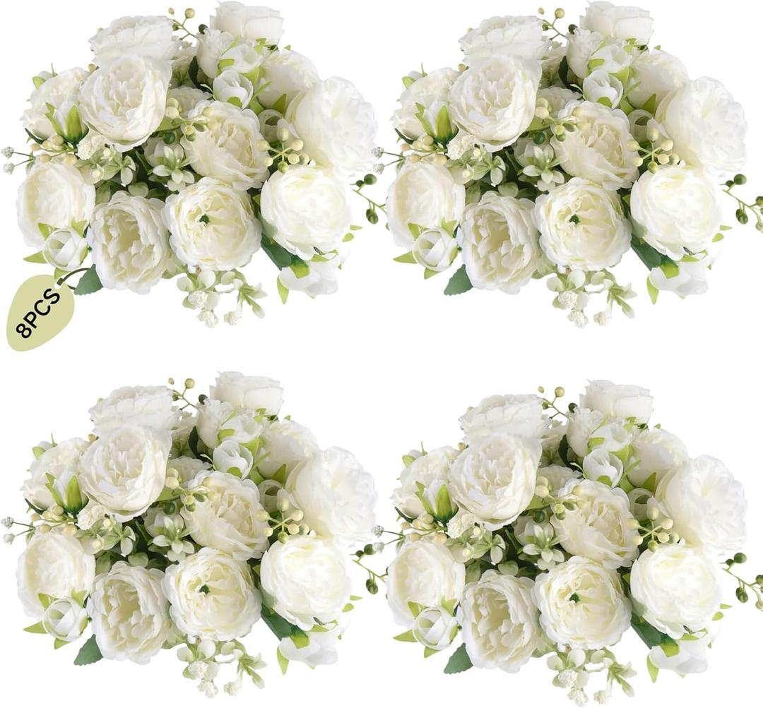 ASTRYAS 8 Packs Peonies Artificial Flowers, White Artificial Peonies, Silk Peonies Flowers Fake Peonies Artificial Flowers Peonies Bouquet for Centerpiece Table Wedding Party Home Decor