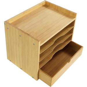 KKTONER 5-Tier Bamboo Desk Organizer with Drawer Tabletop File Organizer Document Holder with Shelf Desktop Cabinet for Home Office School Supplies (Natural)