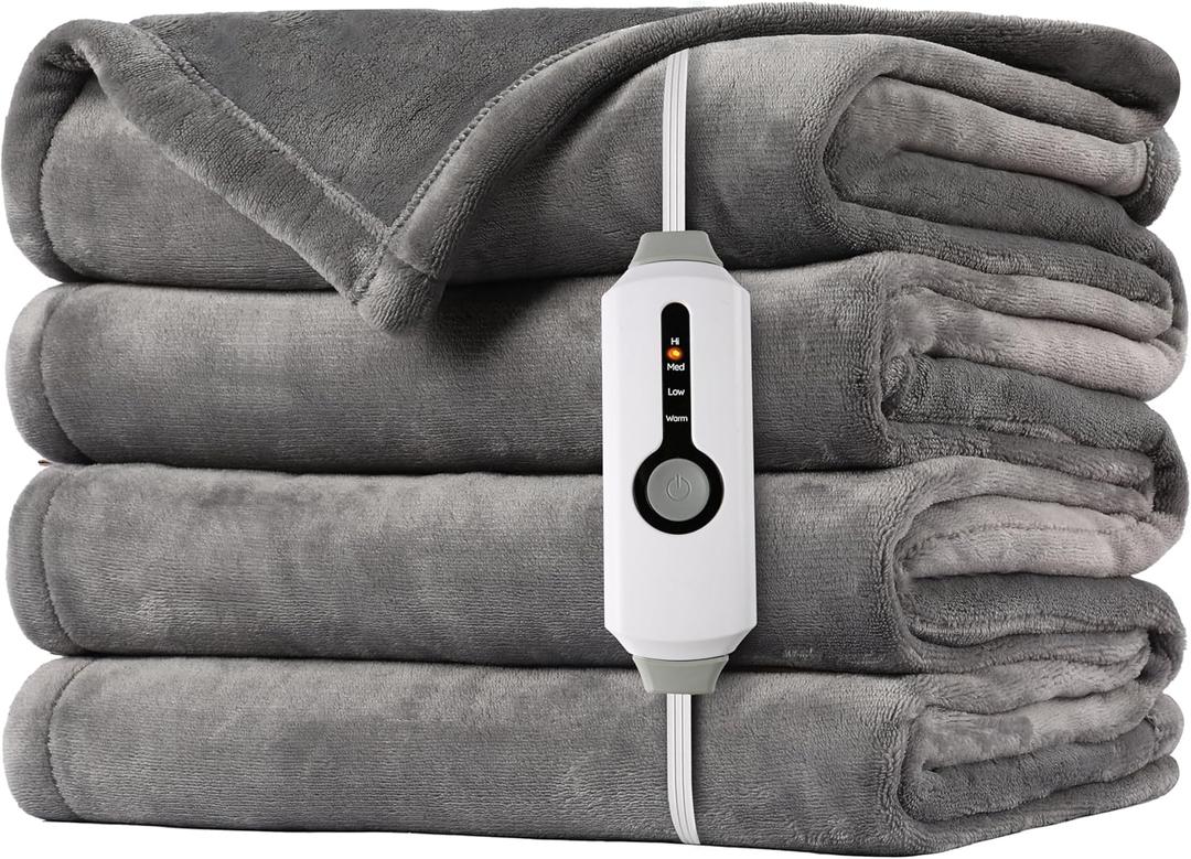 SUNNY HEAT Electric Heated Blanket 72"x84" Full Size Cozy Warm Double Sided Flannel with 4 Heating Levels & 10H Shut Off, Machine Washable Soft Blanket for Bed & Office, Light Grey