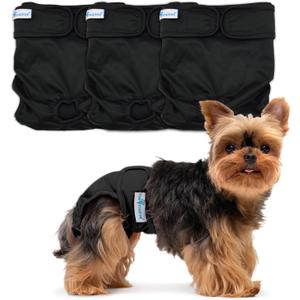 Paw Inspired Washable Dog Diapers (3 Pack) | Reusable Cloth Doggy Diapers for Female Small, Medium, Large Size Dogs (Black with Black Lining, Size XS)