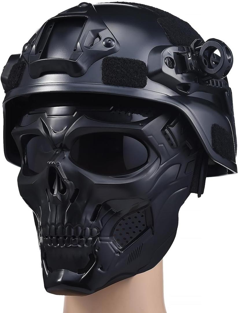 Airsoft Helmet and Mask, Military Tactical Helmet and Full Face Mask Set - Paintball Helmet with NVG Mount and Side Rail for Protective Gear (GreySkul)