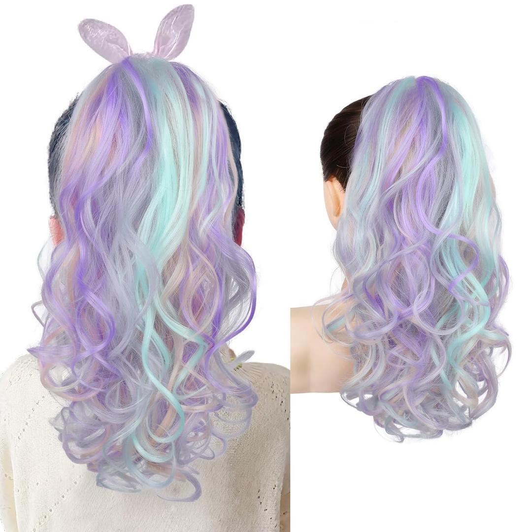 SEIKEA Ponytail Extension, Lightweight Wavy Curly Clip in Pony Tails, Colored Hair Extensions for Kids, Crazy Hair Day Accessories for Girls Synthetic Hairpiece Mermaid Color (18 Inch (Pack of 1))