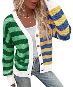 Saodimallsu Womens Striped Cardigans Color Block Button V Neck Open Front Ribbed Knit Loose Trendy Sweater Coats (Medium, Pink)