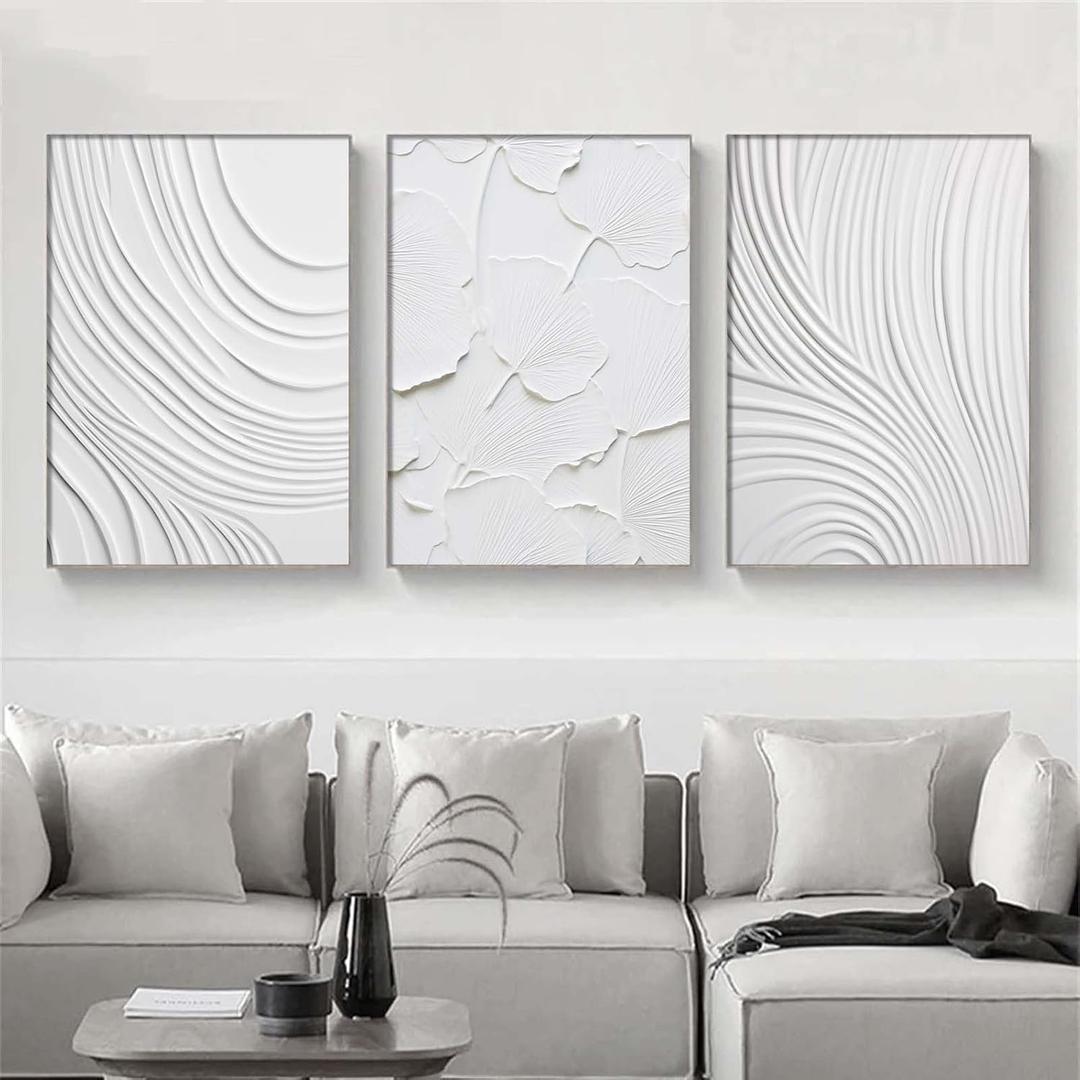 Ecyanlv White Abstract Canvas Wall Art Modern Textured Painting Geometric Art Textured Minimalist Poster Abstract Shaped Wall Art White Line Pictures Wall Decor for Living Room 16x24inch Frameless