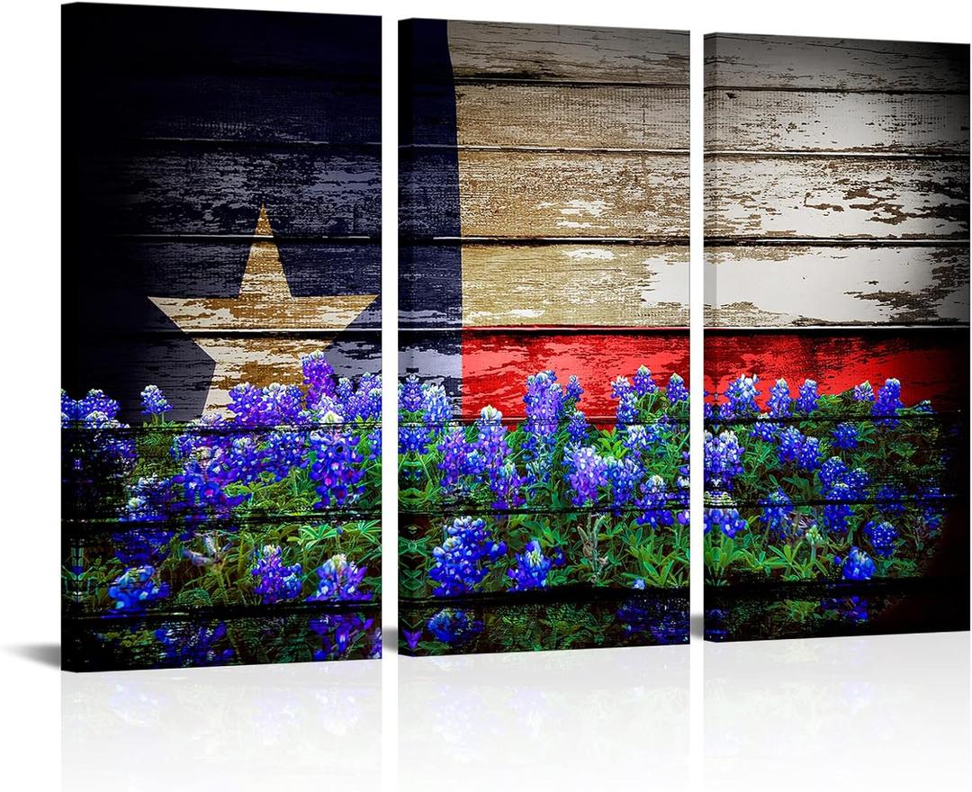 Conipit Texas Wall Art Canvas Texas Flag Pictures Prints Bluebonnet Painting Artwork for Home Office Decor Gallery Wrapped 16"x32"x3pcs