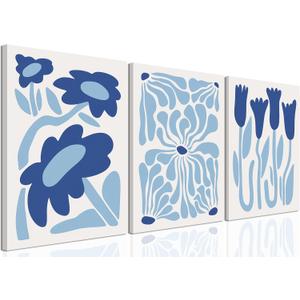 Blue Flower Wall Art Set of 3, Henri Matisse Light Blue Aesthetic Wall Decor, Abstract Gallery Posters Canvas Painting Pictures Prints for Bedroom Living Room Bathroom Framed 16x24 inch