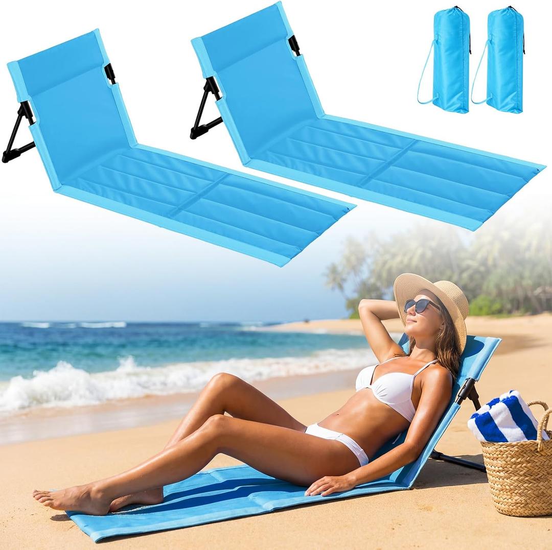 Vicenpal Foldable Beach Lounge Chairs Portable Lightweight Beach Mat Lounger Chairs with Back Support Pool Seat for Sunbathing Sand Tanning Outdoor Poolside Camping Picnic Lawn(Blue,2 Pack)