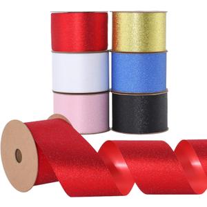 Glitter Solid Ribbon for Gift Wrapping Floral Bouquets Wedding Party Decoration Bows Gift Wrapping Floral Arrangement (Mixed Colors, 2inch x 25yards x 6pcs)