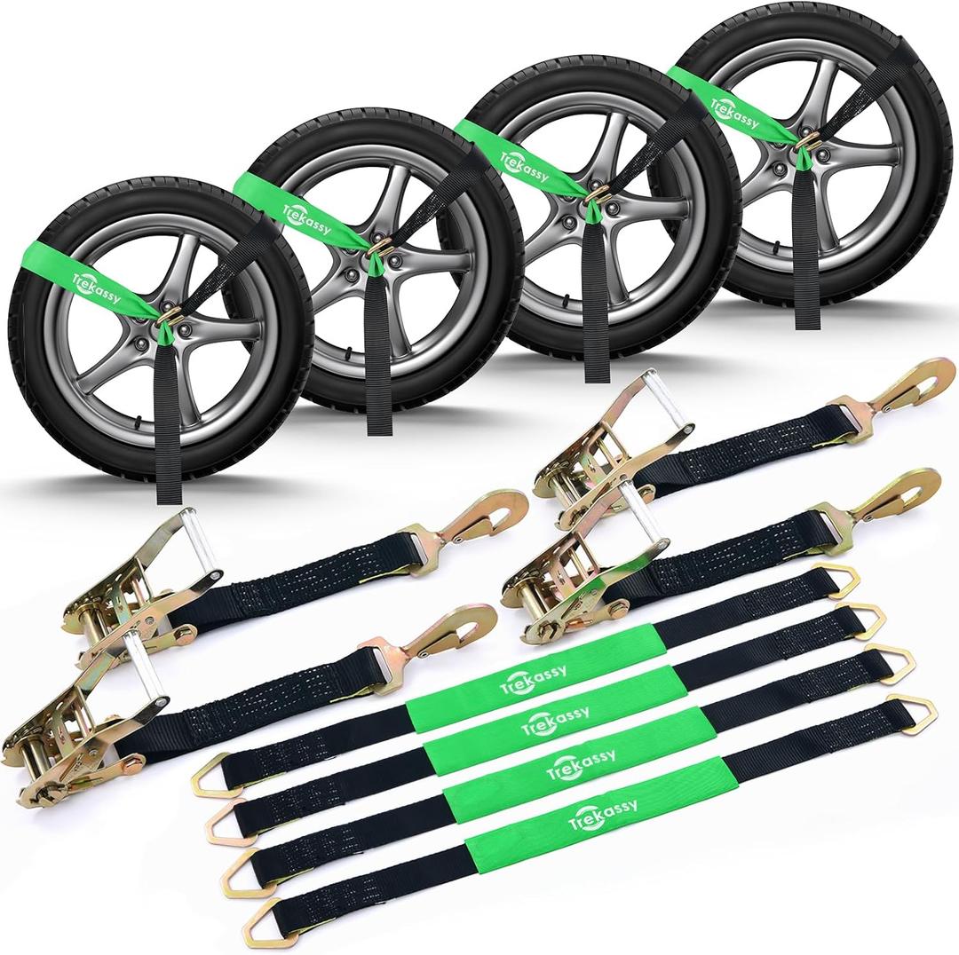 Trekassy 2in x 12ft Car Tie Down Straps for Trailers Heavy Duty (4PK), 10000lbs Break Strength, Include 4 Axle Straps (Black)