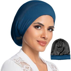 100% Mulberry Silk Lined Bonnet for Sleeping Women Anti-Frizz Hair | 19 Momme Real Silk Lined Frizz Control Night Cap for Curly Wavy Natural Hair Braids, Adjustable Hair Wrap Slouchy Beanie (Blue, M)
