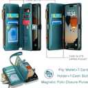 Defencase Compatible with iPhone 14 Case Wallet with RFID Blocking Card Holder for Women Men, Fashion PU Leather Magnetic Snap Flip Zipper Strap Wallet Phone Case Fit for iPhone 14 6.1", Blue Green