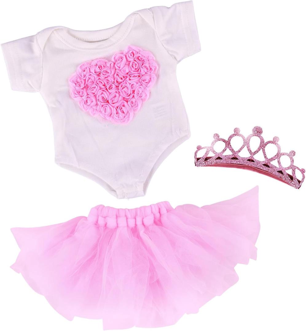 BABESIDE 3 Pcs Baby Doll Clothes Set for 12-16 Inch Babydolls Girls, Heart Pattern Baby Doll Accessories with Dolls Skirt and Crown Headband for Realistic Babydolls Girl