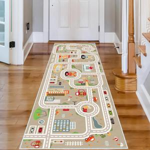 Kids Car Train Rug, 2' x 6' Boys Play Carpet, Floor Mat Playmat for Playroom Bedroom Kids Toddler RoomNon Slip Rug Backing (Grey, 2' x 6')
