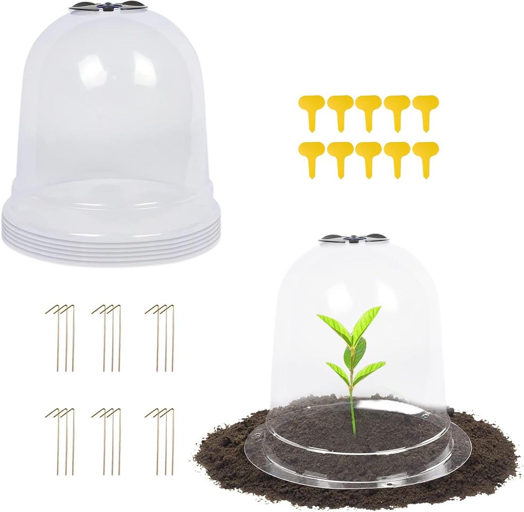 MorTime 6 Pack Garden Cloche Plant Dome, 7.3" D x 6.9" H Plastic Plant Bell Cover Reusable Mini Greenhouse with 18 Ground Securing Pegs & 10 Plant Labels for Outdoors Frost Freeze Protection