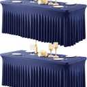 2 Packs Navy Blue Table Clothes for 8 Foot Rectangle Tables, One-Piece Wrinkle Resistant Stretch Spandex Table Covers with Table Skirt for Event Banquet Wedding Birthday Party