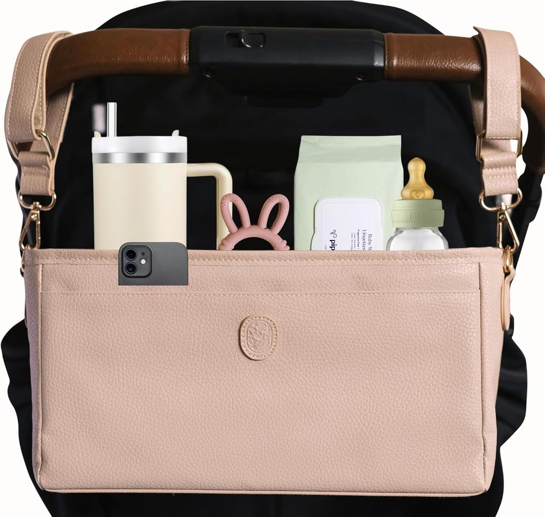 Vegan Leather Stroller Caddy with Cup Holder - Universal Stroller Organizer with Cup Holder, 4 Built-In Pockets, Shoulder Strap, Stroller Cup Holder fits Mockingbird, UppaBaby, Nuna, BOB, and More