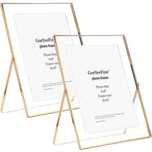 Gold 8x10'' Floating Frame Set of 2, For Photo Sizes ( 5x7'' ,6x8'' 7x9'' up to 8x10''), Beautiful Metal Lace Edge Frames Adjustable Tabletop/Shelf Photo Frame, Classy Gift Choice for Wedding,
