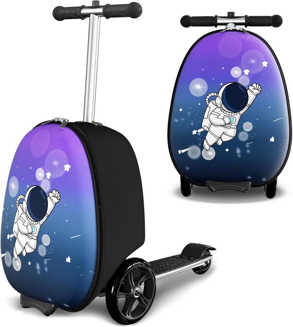2-in-1 Ride-On Scooter Suitcase, Scooter Luggage for Kids Ages 5-12, Foldable & Lightweight Carry with LED Light-Up Wheels (Large, Blue)