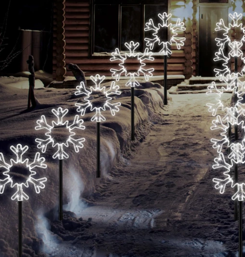 Riakrum 20 Pcs Christmas Snowflake Pathway Lights Outdoor Landscape Stake Lights LED Xmas White Snow Walkway Marker Lights with 8 Modes for Garden Lawn Yard Holiday Winter Decor (Plug in Powered)