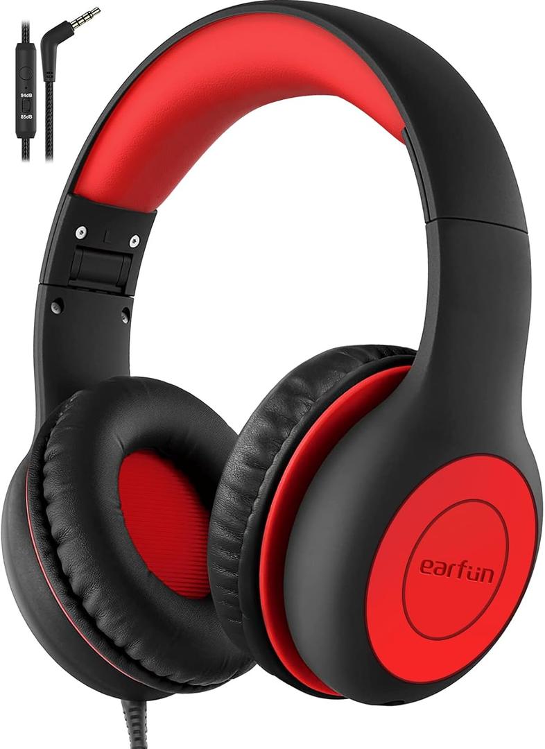 EarFun Kids Headphones Wired with Microphone, 85/94dB Volume Limit Headphones for Kids, Portable Wired Headphone with Shareport, Stereo Sound Foldable Headset for School/Tablet/iPad/Kindle, Black Red