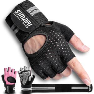 SIMARI Breathable Workout Gloves for Men Women, Padded Weight Lifting Gloves with Wrist Wraps Support, Full Palm Protection, Grip for Gym Training, Fitness, Weightlifting, Exercise Fingerless Black (Large, Ashy Black)