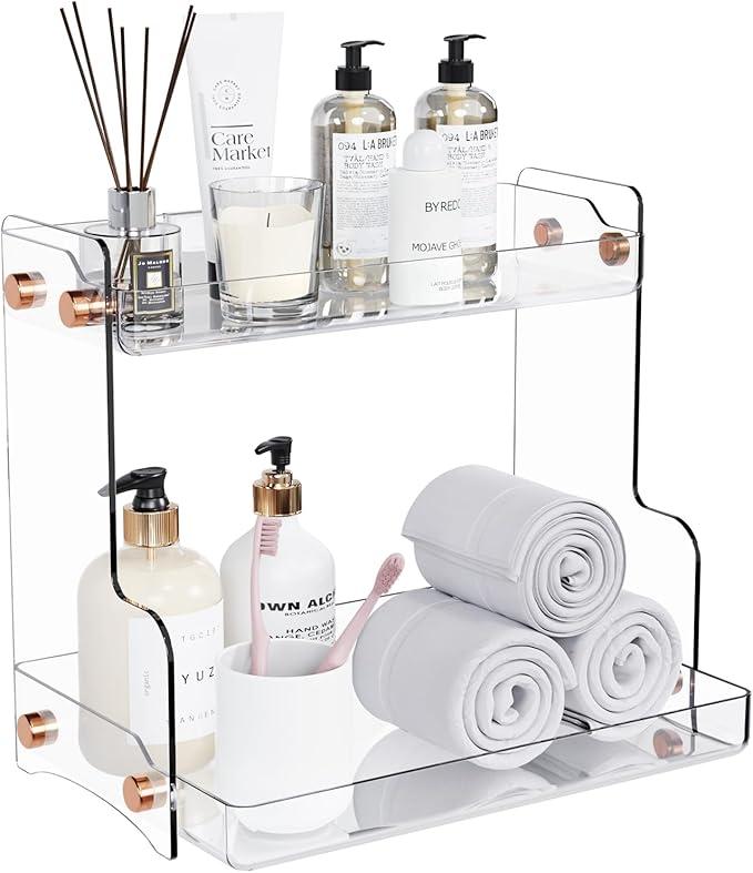 Bathroom Countertop Organizer, 2 Tier Clear Plastic Vanity Organizer with Adhesive Support, Space Saving Storage Shelf for Skincare, Perfume, Makeup and Daily Essentials