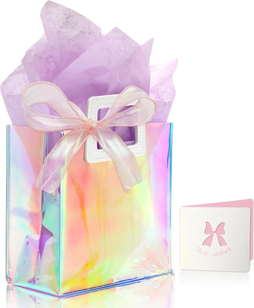 KeerxunBag 1 Pack Holographic Gift Bags with Handles & 2 Tissue Paper Sheets Iridescent Transparent Reusable Bags for Women, Girls, Birthdays, WeddingsPurple Gift Bag
